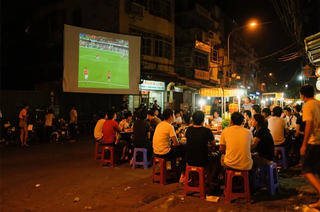 越南深夜线下观赛：路边摊投影与塑料凳的热闹但克制的氛围