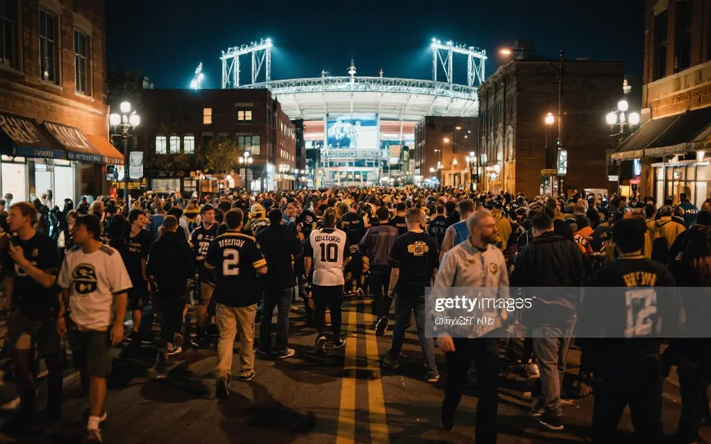 球迷在西雅图市中心步行街与海湾周边聚集，夜色与灯光的世界杯氛围